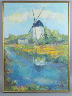 un tableau représentant un moulin à vent dans un champ, près d'un plan d'eau