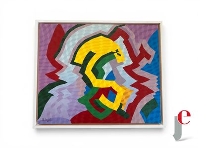 peinture abstraite représentant une femme avec un cheval sur un fond coloré