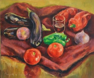 une peinture à l'huile représentant des légumes et un verre de vin posés sur une nappe rouge