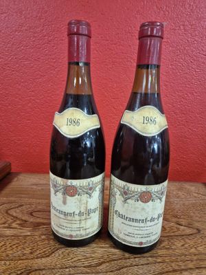 Deux bouteilles de vin sont posées sur une table devant un mur rouge.