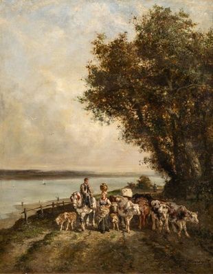 an image of a painting of a herd of cattle by a river