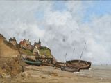 une peinture d'un bateau sur la plage au bord de l'eau