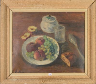 a painting of a bowl of fruit on a table