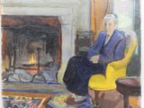 painting of a man sitting in a chair in front of a fire place
