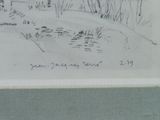 pencil drawing of a landscape with a river and trees