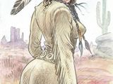 drawing of a native woman in a long dress with a feather on her head