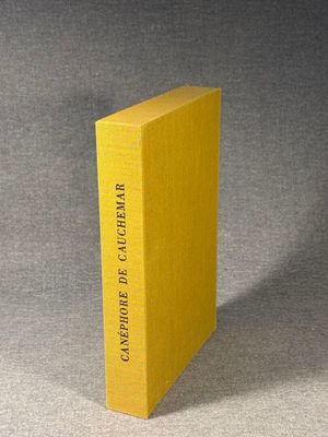 a yellow book sitting on top of a gray surface