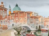 a watercolor painting of a canal with boats in it