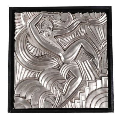 silver art deco tile with a woman in the middle of it