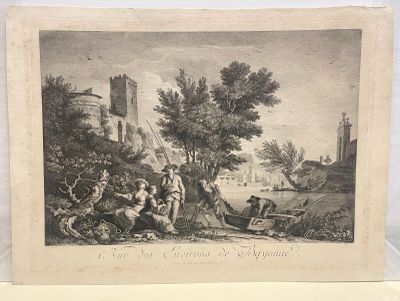 an old picture of a man and a woman sitting on a bench in front of a castle