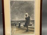 tableau représentant une femme marchant sur une plage, avec un oiseau volant dans le ciel