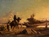 tableau représentant un homme à cheval sur un chemin de terre près d'un plan d'eau