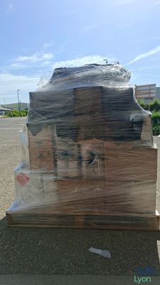 a dog sitting in a box wrapped in plastic