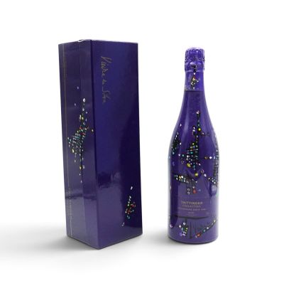 a bottle of wine with a purple box and a purple box