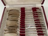 six spoons in a case with red velvet linings