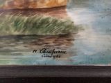 a picture of a painting of a boat in the water