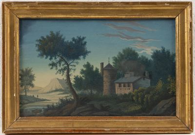 une peinture à l'huile représentant une maison sur une colline, avec un arbre au premier plan