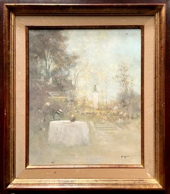 an image of a painting of a table in a field