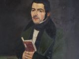 a painting of a man in a green coat holding a book