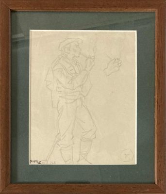 dessin représentant un homme avec un chapeau et une canne, dans un cadre en bois