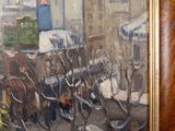 a painting of a street scene with a horse drawn carriage
