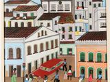 painting of a street scene with people and cars in front of a church