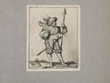 an old drawing of a man holding a spear and wearing a hat