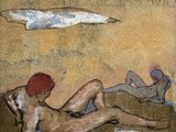 a painting of a man and a woman laying on the beach