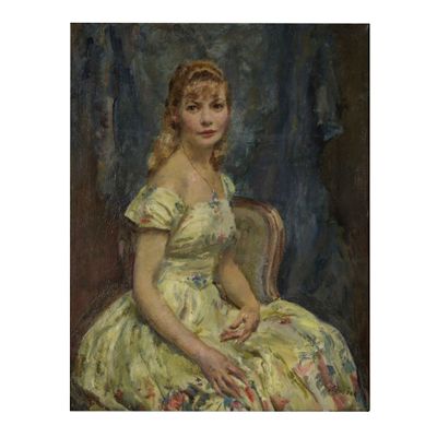 une image d'un tableau représentant une femme en robe jaune