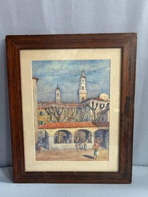 l'image d'une peinture représentant un bâtiment avec une tour d'horloge en arrière-plan