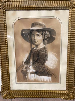École XIXème siècle , Jeune fille au chapeau , dessin au fus…