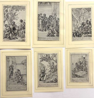 six gravures anciennes représentant des personnages et des animaux dans un décor boisé