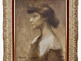 a painting of a woman in a brown dress and hat
