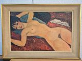 a painting of a nude woman laying on a bed