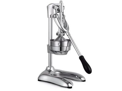 an image of a stainless steel manual juicer on a white background