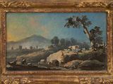 une peinture à l'huile représentant un paysage avec une rivière et une montagne en arrière-plan