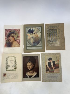 six framed pictures of women in hats and dresses on a white surface