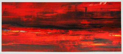 peinture abstraite représentant un ciel rouge sur fond noir et blanc