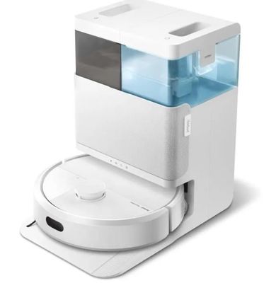 un distributeur d'eau blanc et bleu posé sur un plan de travail