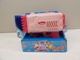 a pink and red bubble blower on top of a blue box