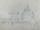 drawing of a building with a clock tower in the middle of a street
