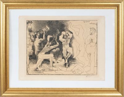 une image représentant un dessin d'un groupe de nus dans un cadre doré