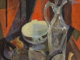 une peinture représentant une nature morte avec un pichet et un bol posés sur une table