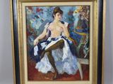 painting of a woman sitting in a chair with a blue dress