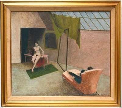 an image of a painting of a woman sitting on a couch in a room