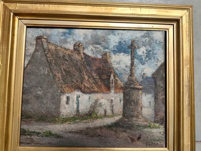 a painting of a house with a thatched roof in a gold frame