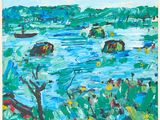 un tableau représentant des vaches dans l'eau, près du rivage