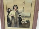 painting of a woman holding her hand up in front of a group of people