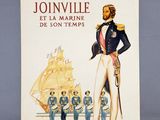 une vieille affiche représentant un homme en uniforme militaire debout à côté d'un bateau