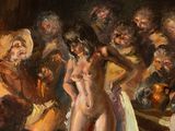 a painting of a naked woman standing in front of a group of people
